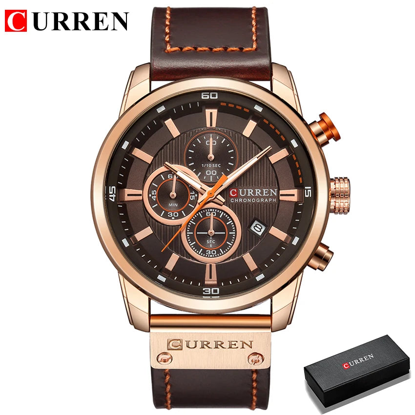 Men's Leather Sports Military Quartz Wristwatch Chronograph Male Clock
