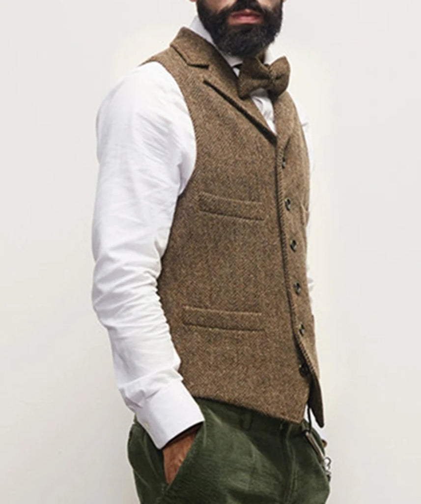 Men's Classic Wool Tweed Notch Lapel Waistcoat Herringbone Coat