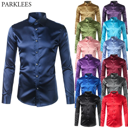 High Quality Silk Shirt Long Sleeve Slim Fit Men's Dress Shirts