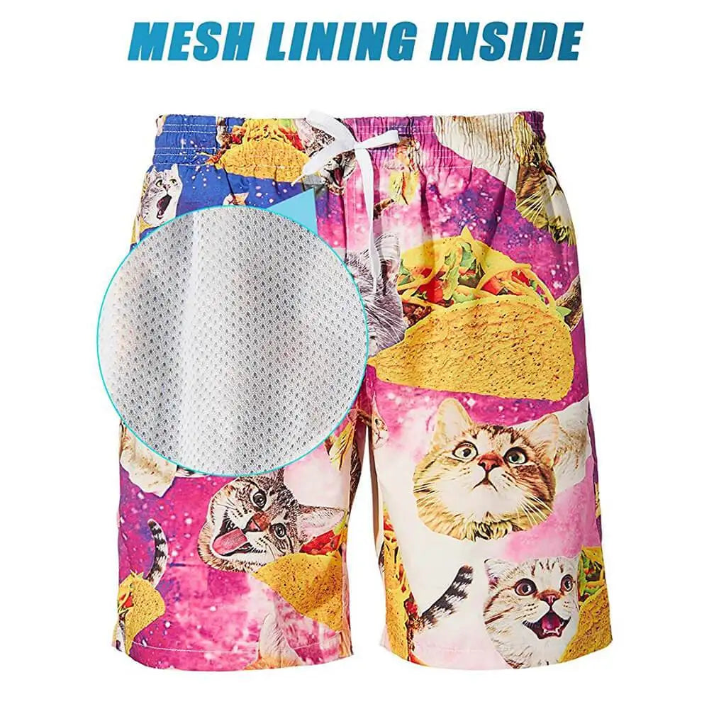 Funny Cat 3D Printed Men's Mesh Lining Beach Trunks