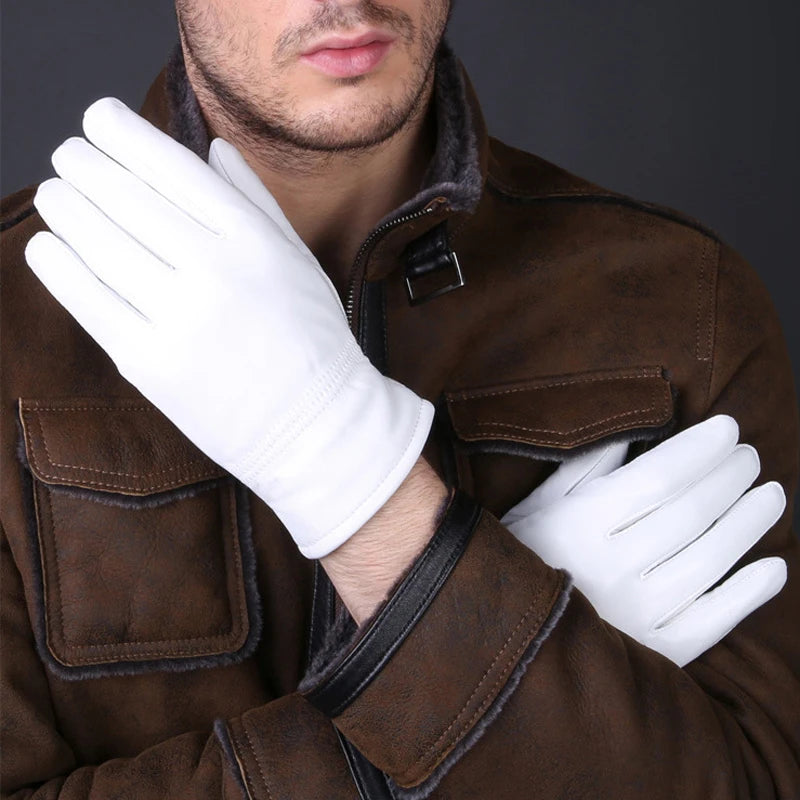 Genuine Leather White Unisex Solid Wrist Buttons Lambskin Driving Gloves