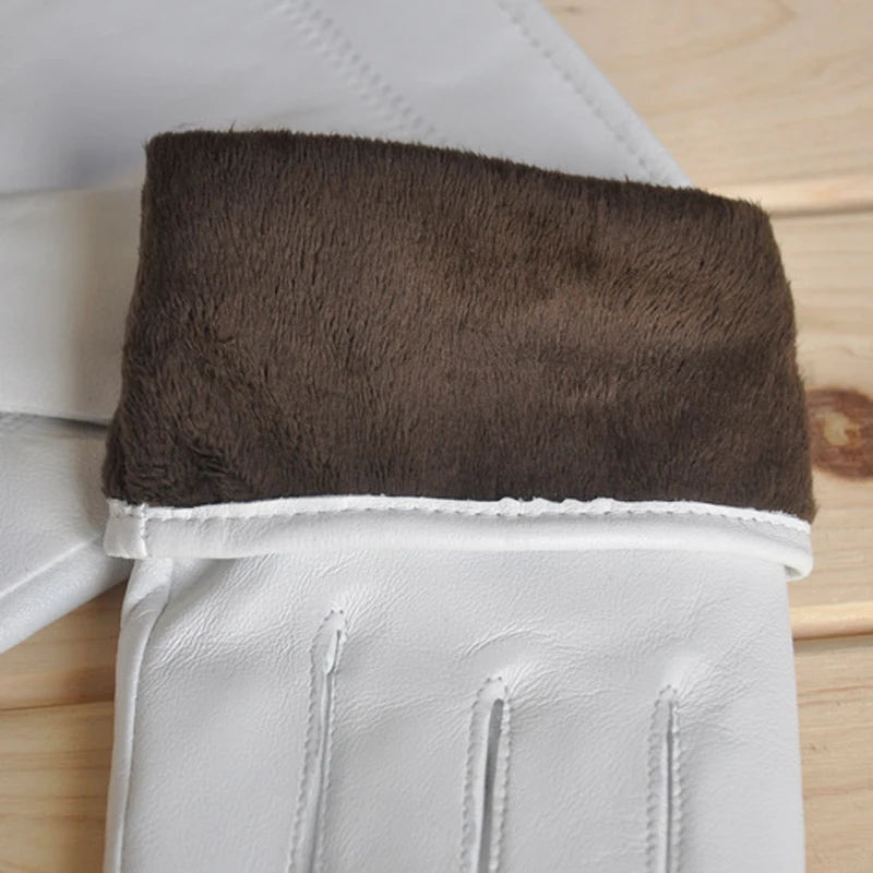 Genuine Leather White Unisex Solid Wrist Buttons Lambskin Driving Gloves
