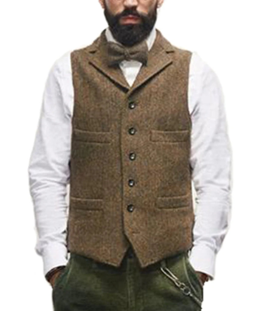 Men's Classic Wool Tweed Notch Lapel Waistcoat Herringbone Coat