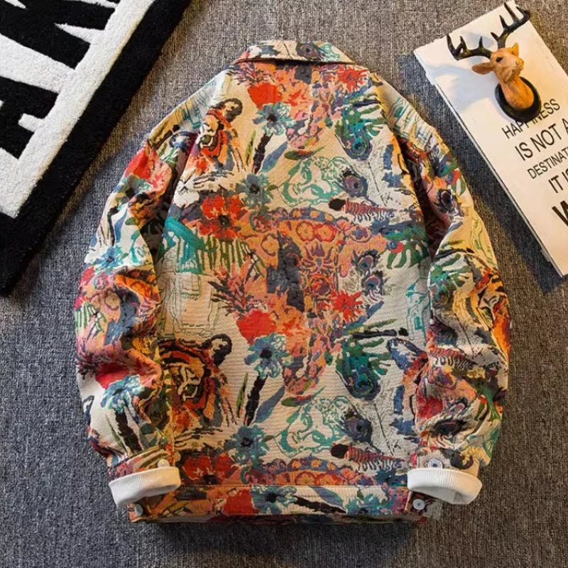 Tiger Jacquard Denim Men's Korean Style Trendy Casual Jacket Aesthetic