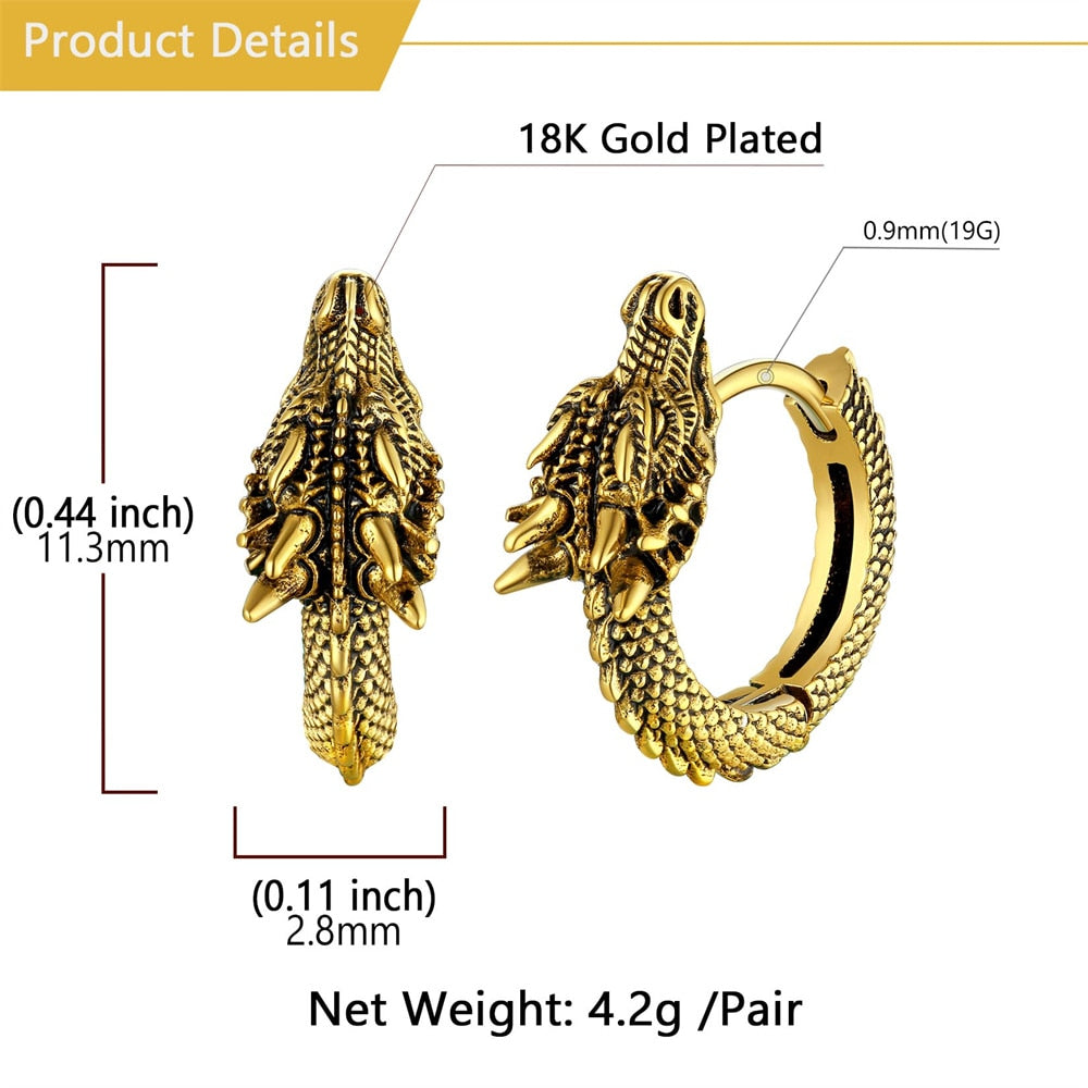 Stainless Steel Dragon Hoop Earring for Man Hypoallergenic 18K Gold