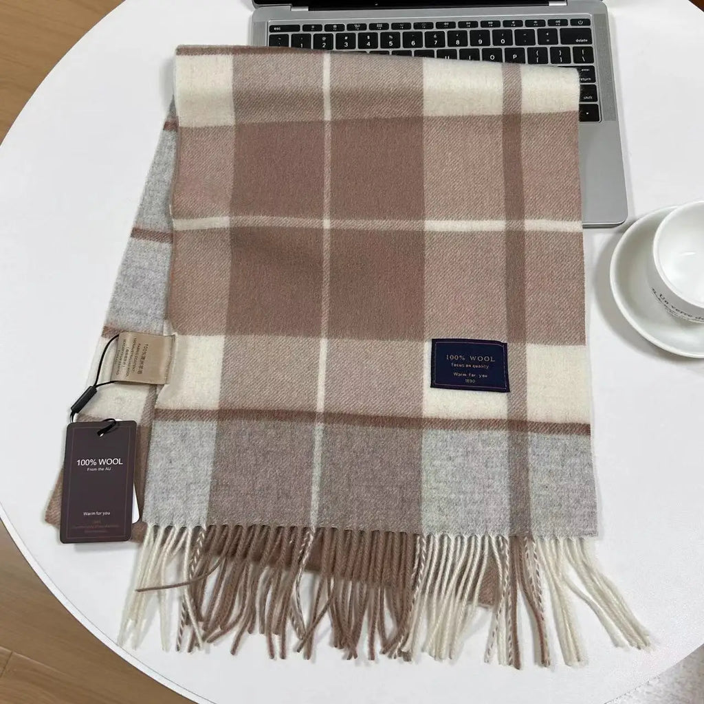 Men 100% Wool Plaid Muffler Cashmere Windproof Stripe Tassel Shaw Thick Scarf