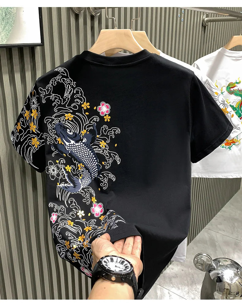Trendy brand European-style Chinese koi short-sleeve T-shirt men's top