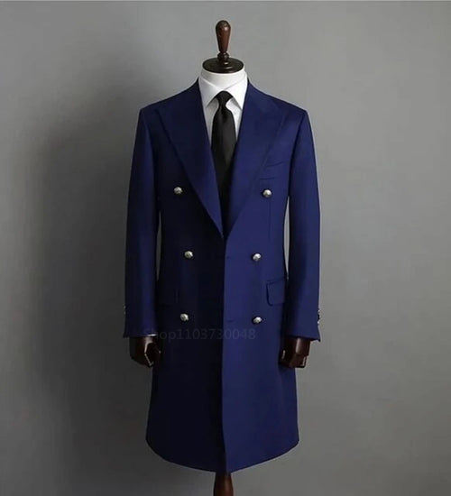 Smart Navy/Black Woolen Men Blazer with Peak Lapel Double Breasted Elegant Suit Coat