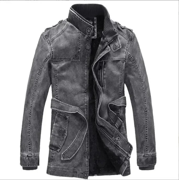 Men's Thick Fleece Leather Jacket Long Vintage Steampunk Biker clothing