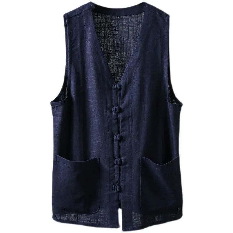 Men's Cotton Linen Breathable Chinese Retro Button Loose Vest Men Waistcoat