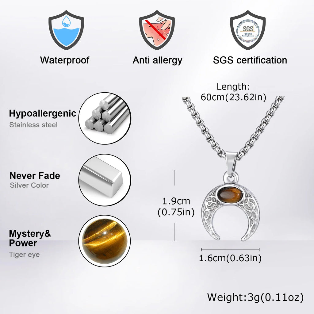 Vintage Moon Necklace for Men Natural Stone Stainless Steel Pendant Jewelry