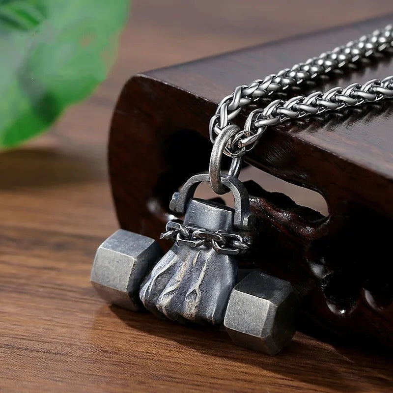 925 Sterling Silver Vintage Fist Dumbbell Necklace Pendant For Women Men Fine Jewelry