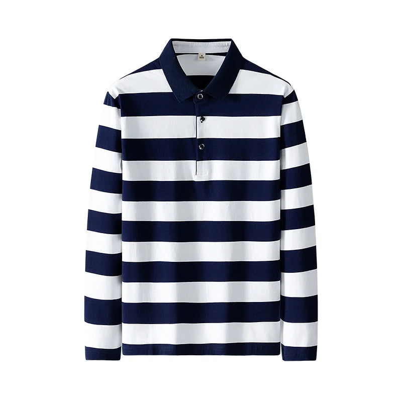 Men Cotton Long Sleeve Stripe Embroidery Casual Polo Shirt