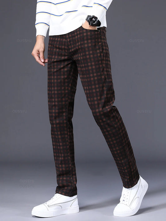 High Quality Plaid Pants Men 98%Cotton Retro Banquet Check Plus Size 40 42