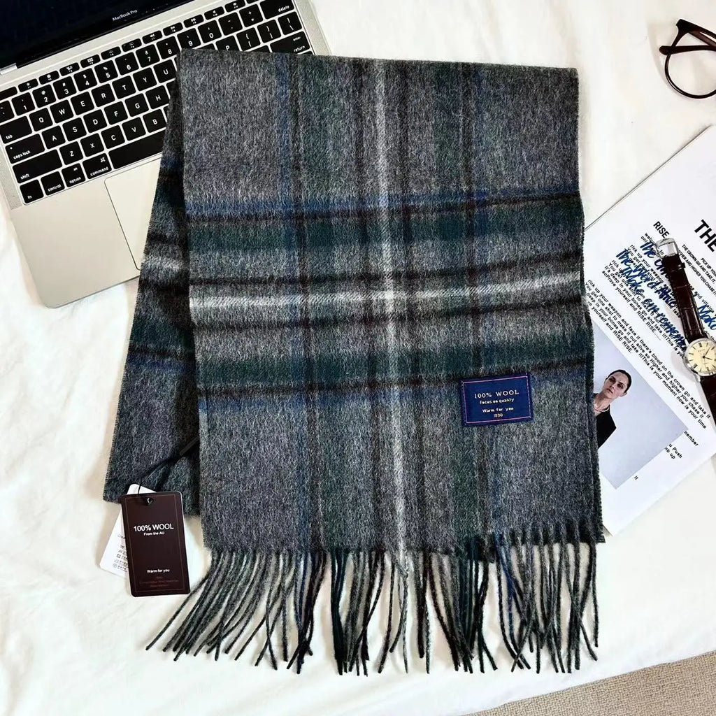 Men 100% Wool Plaid Muffler Cashmere Windproof Stripe Tassel Shaw Thick Scarf