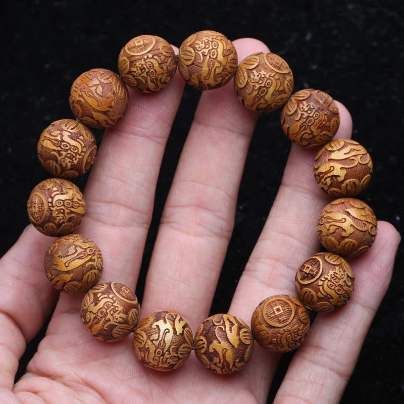 Multicolor Wooden Bracelet Men's 20mm Elastic Bead Lucky Mythical Animal Sculpture
