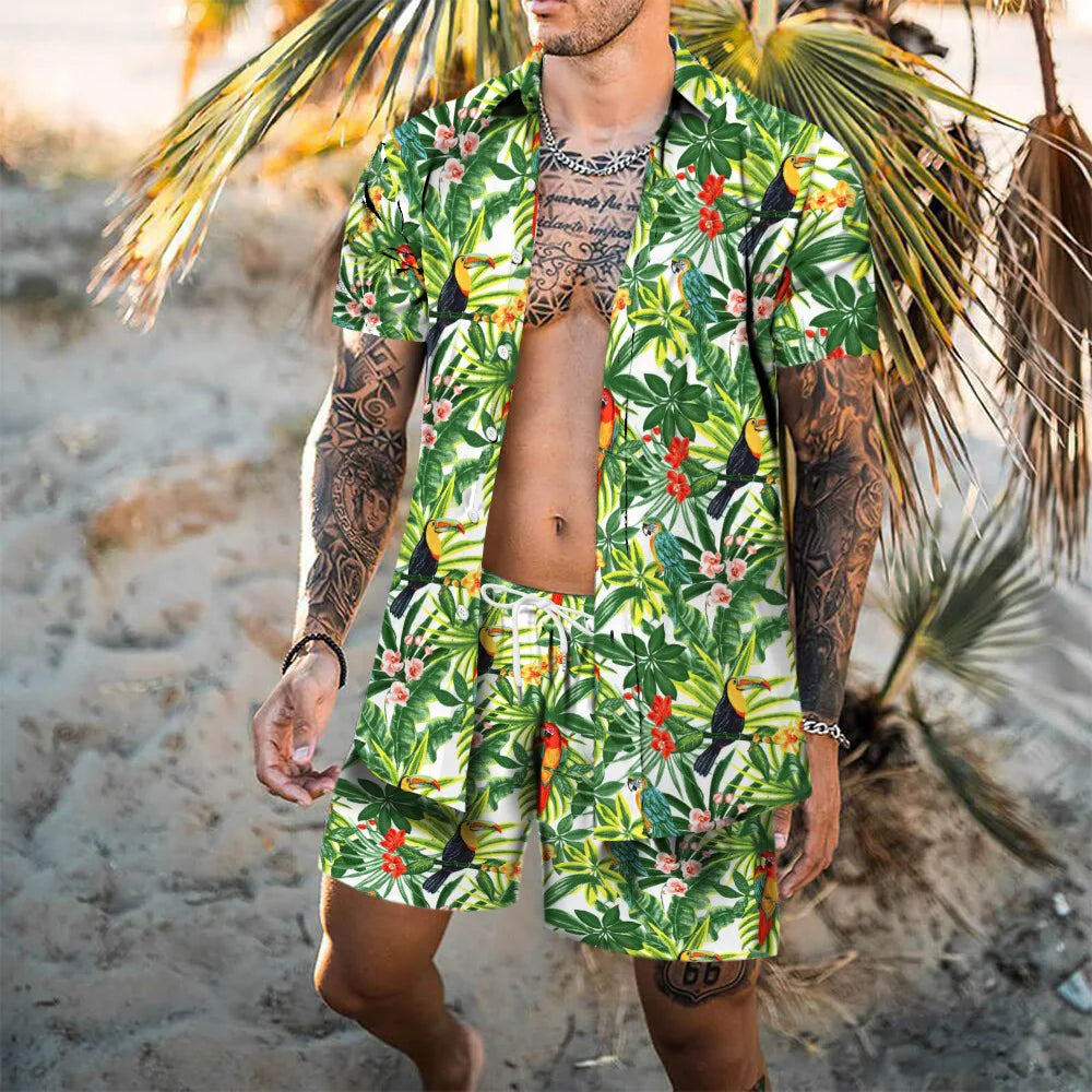 Hawaii Beach Men's Shirt Set Flamingo 3D Printed Loose Short Sleeve Shorts 2Pcs