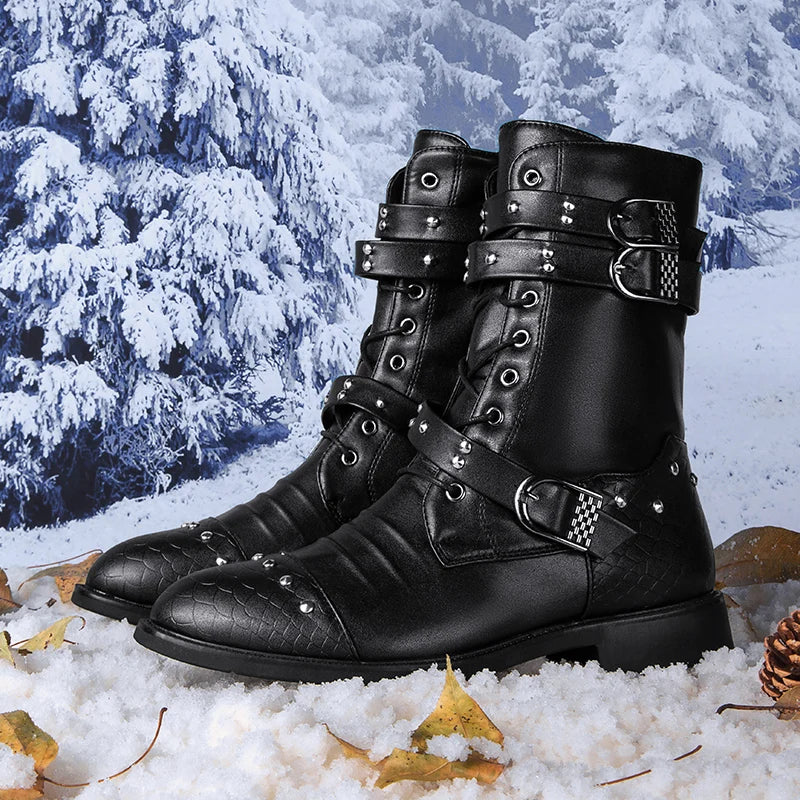 Men Leather Mid-calf Warm Black Gothic Belt Rivet Boots