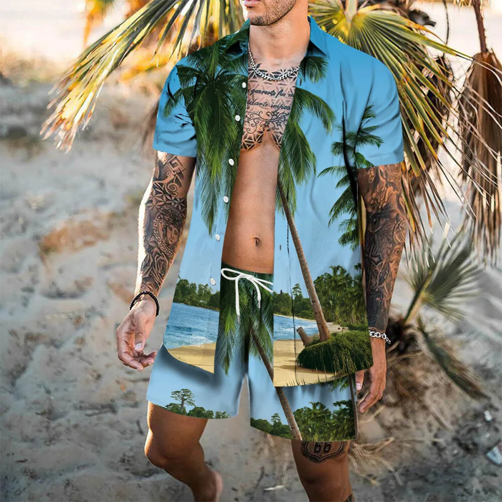 Hawaii Beach Men's Shirt Set Flamingo 3D Printed Loose Short Sleeve Shorts 2Pcs