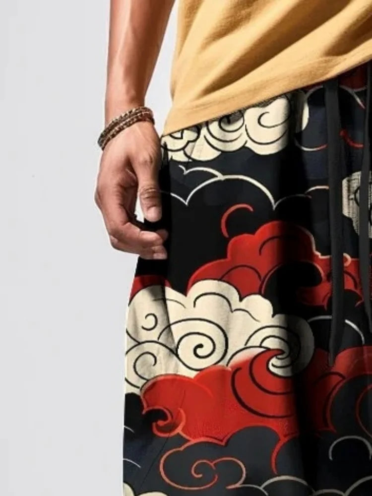 Men's Cloud Japanese Print Loose Drawstring Waist Sweatpants Oversized Harem Pants