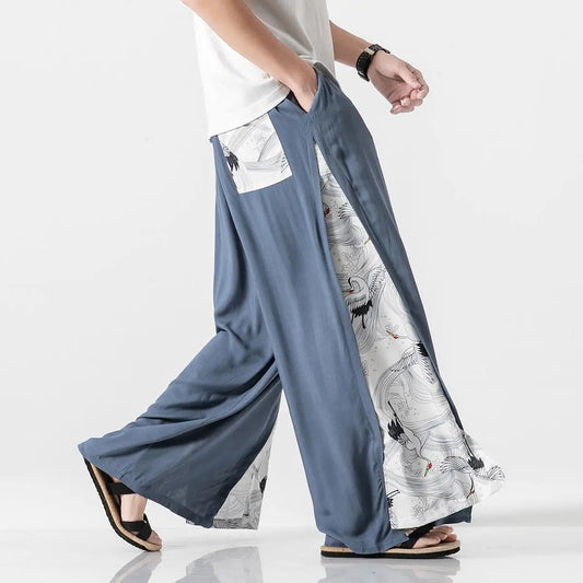 Linen Wide Leg Men Chinese Style Patchwork Vintage Harem Baggy Pants