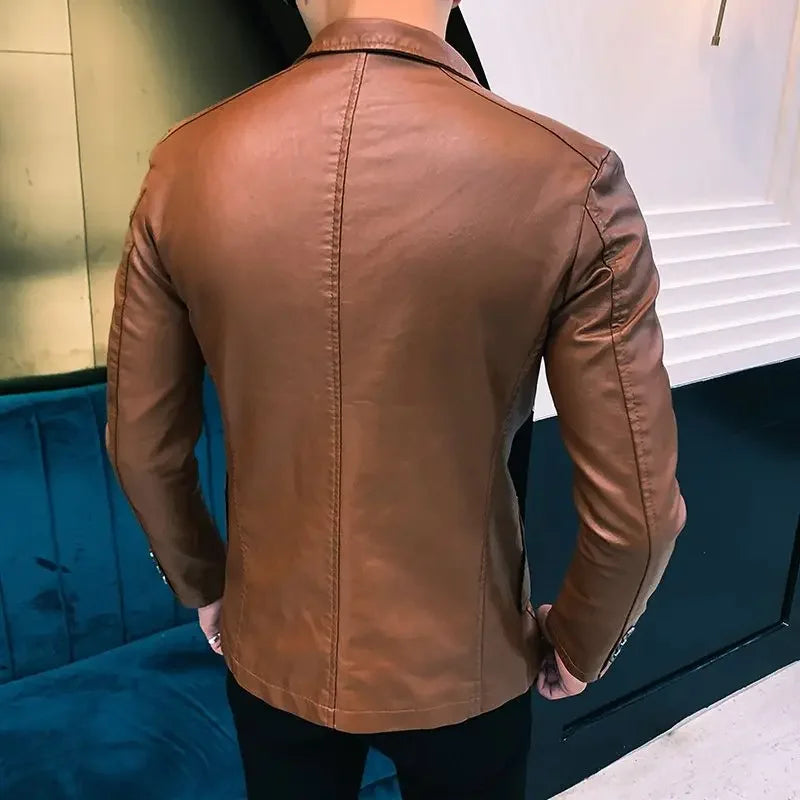 Korean Style Leather Blazer Single Breasted Men's Suit Designer Jackets