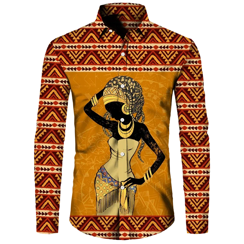 African Girl 3D Print Long Sleeve Button Shirts For Men Dashiki vintage Tops