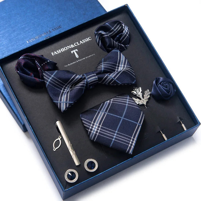 Silk Handkerchief Pocket Squares Cufflink Bow Tie Clip Necktie Set