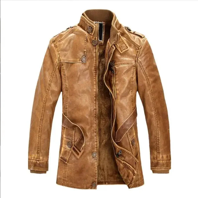 Men's Thick Fleece Leather Jacket Long Vintage Steampunk Biker clothing