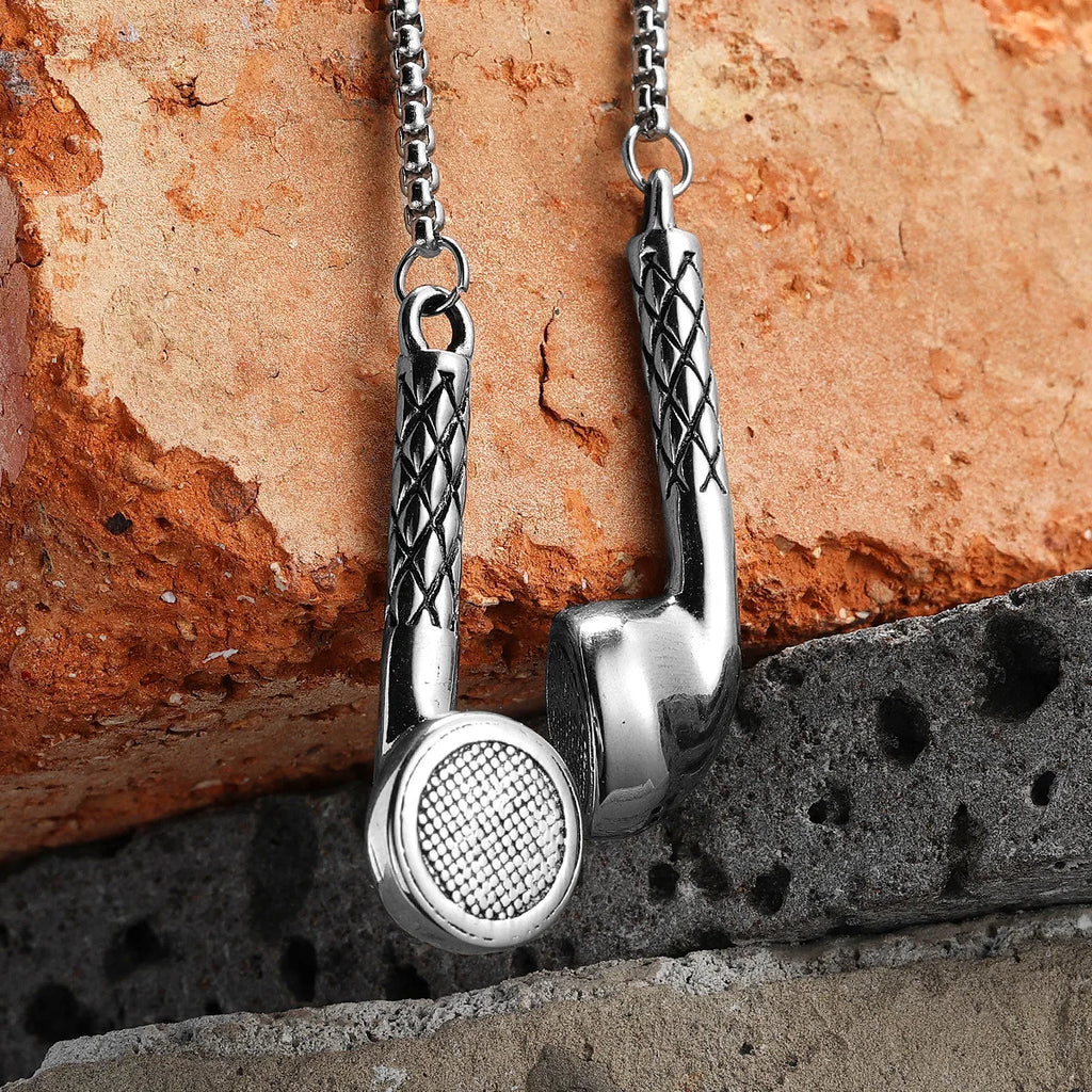 Wired Earphones Men Necklace With Pendant Stainless Steel Jewelry