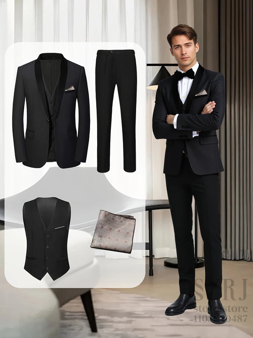 Men's 4pcs Tuxedo Suit: Jacket, Vest, Dress Pants &Pocket Square