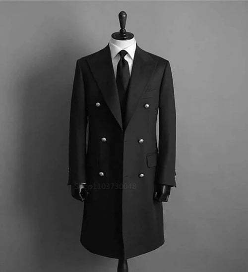 Smart Navy/Black Woolen Men Blazer with Peak Lapel Double Breasted Elegant Suit Coat