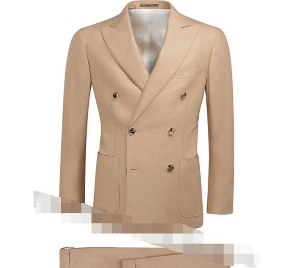 Beige Suit with Peak Lapel Double Breasted Slim Fit Tuxedos 2 Pieces Suits