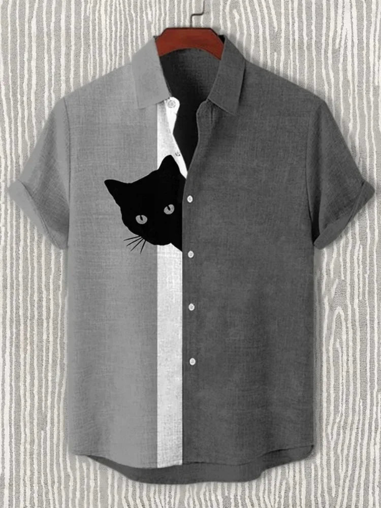 Men's Harajuku Japanese Men Fun Hide And Seek Black Cat Print 3D Printing Blouse