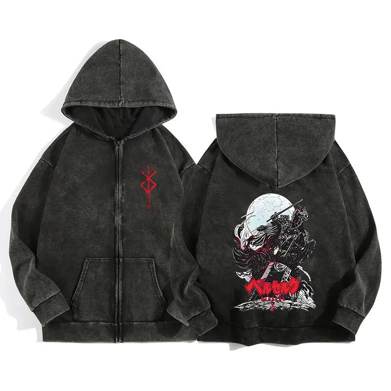 Berserk Wash Zip Up Retro Graphic Hooded Sweatshirt Cotton Unisex Hoodie
