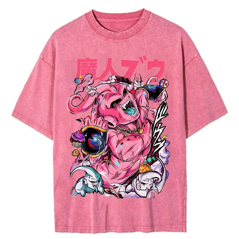 Men Oversized Vintage T Shirt Dragon Ball Washed Cotton Pink Top