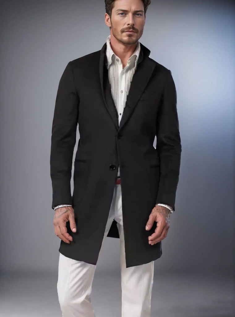 Men Elegant Woolen Jacket with Lapel Pockets Slim Solid Color Collar Trench Coat
