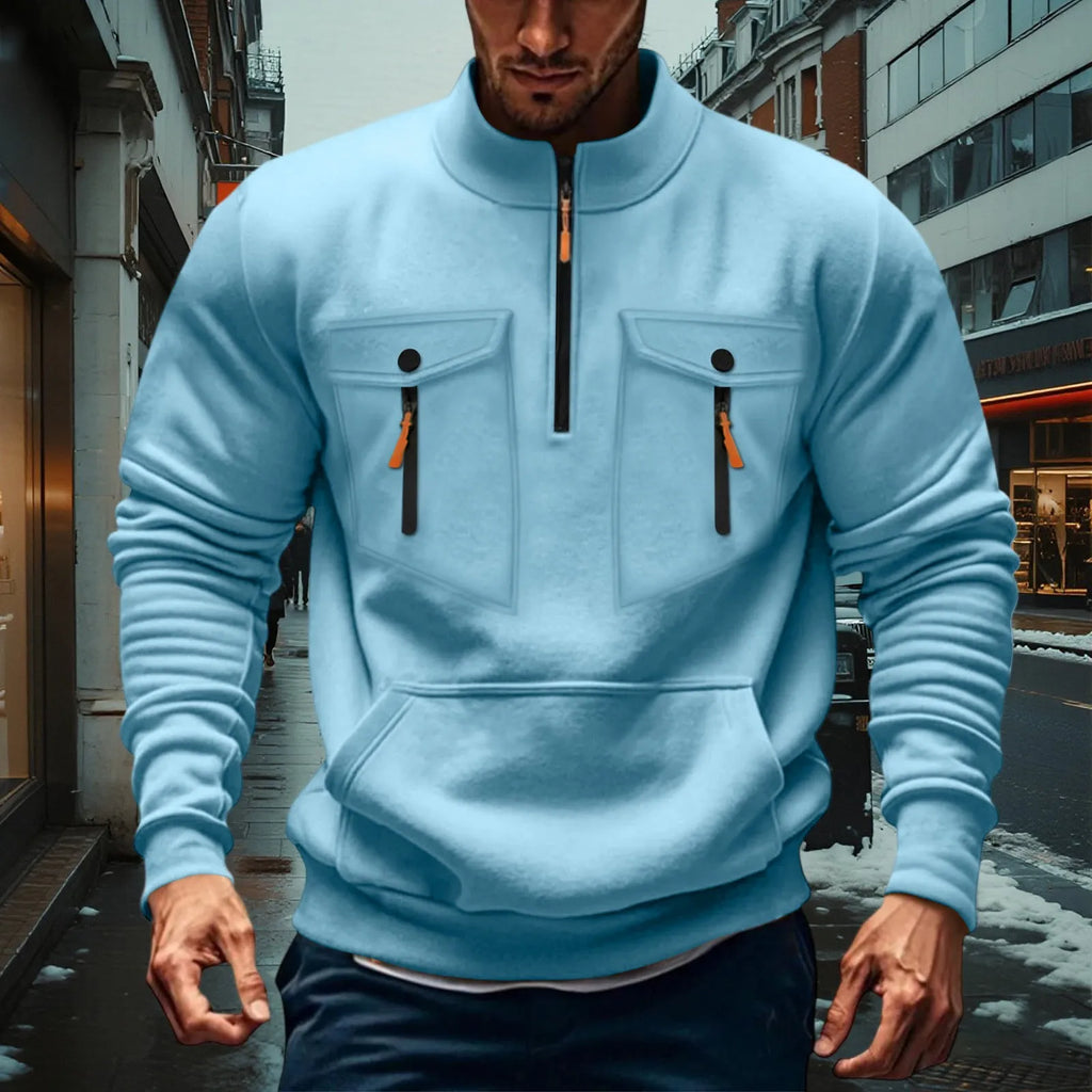 Quarter Zipper Men Stand Up Collar Sweatshirt cargo Long Sleeve Sweatshirt