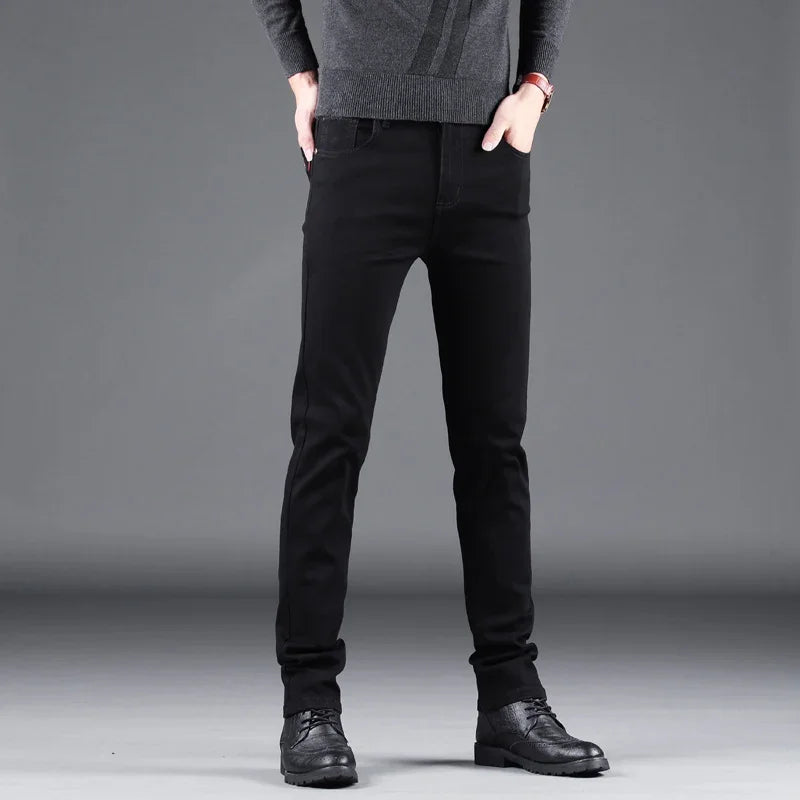 Men's Pure Black Slim Jeans Elastic Straight Leisure Korean Vintage Denim Pants