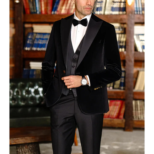 Black Velvet Men Suits Peak Lapel One Button Tuxedo 3 Piece Male Suit (Blazer+Vest+Pants)