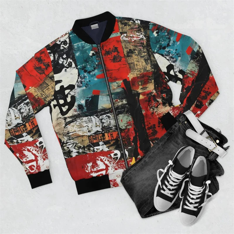 Harajuku Japanese Graffiti Men's Oversized 3D Long Sleeve Zipper Bomber Jackets