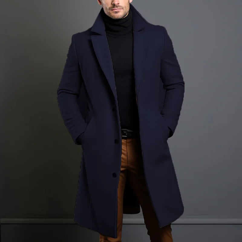 Men Elegant Woolen Jacket with Lapel Pockets Slim Solid Color Collar Trench Coat