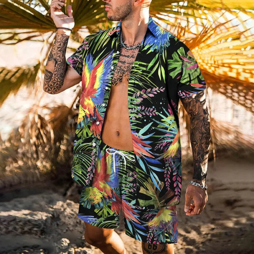 Hawaii Beach Men's Shirt Set Flamingo 3D Printed Loose Short Sleeve Shorts 2Pcs