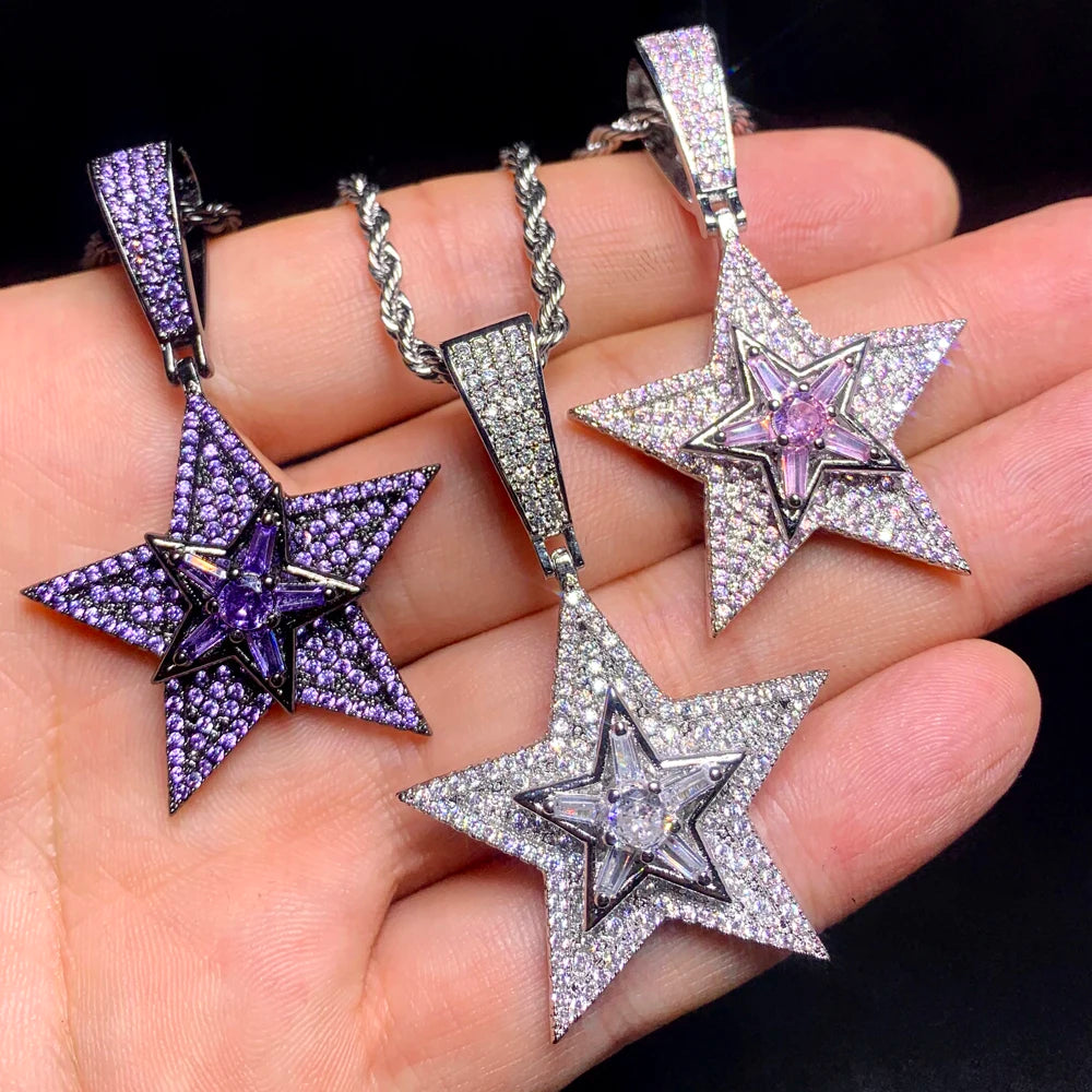 Iced Out Rotatable Star Pendants Cubic Zirconia Multi Layers Men Jewelry