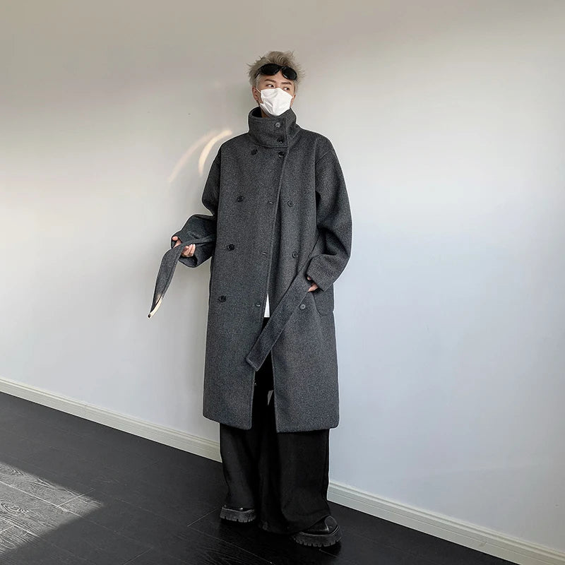 Men's Double-Breasted Wool Blend with Belt Loose Fit Solid Color Stand Collar Trench Coat