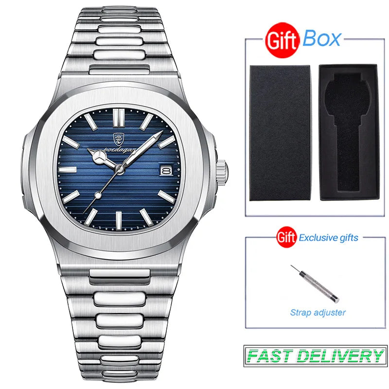 Stainless Steel Men Luxury Luminous Waterproof Square Calendar Quartz Wristwatches