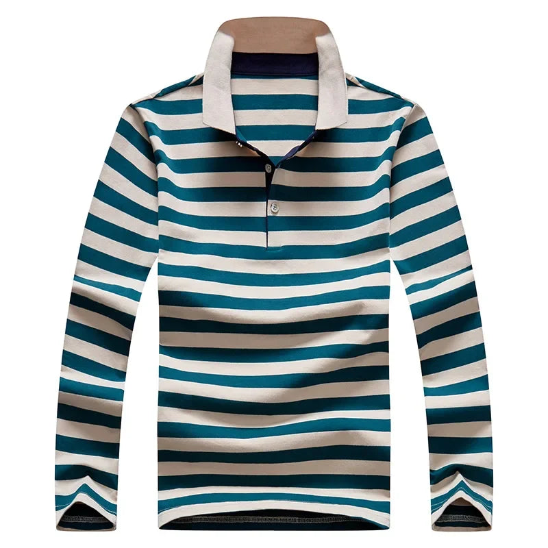 Men Cotton Long Sleeve Stripe Embroidery Casual Polo Shirt