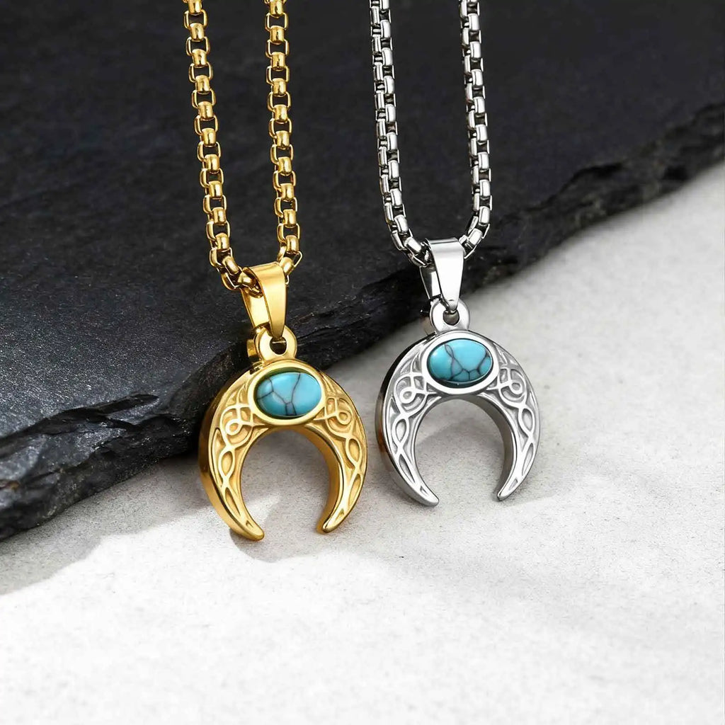 Vintage Moon Necklace for Men Natural Stone Stainless Steel Pendant Jewelry