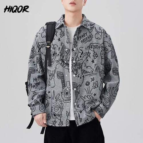 Men's Baggy Jacquard American Versatile Turn-down Collar Long Sleeve Trendy Coat