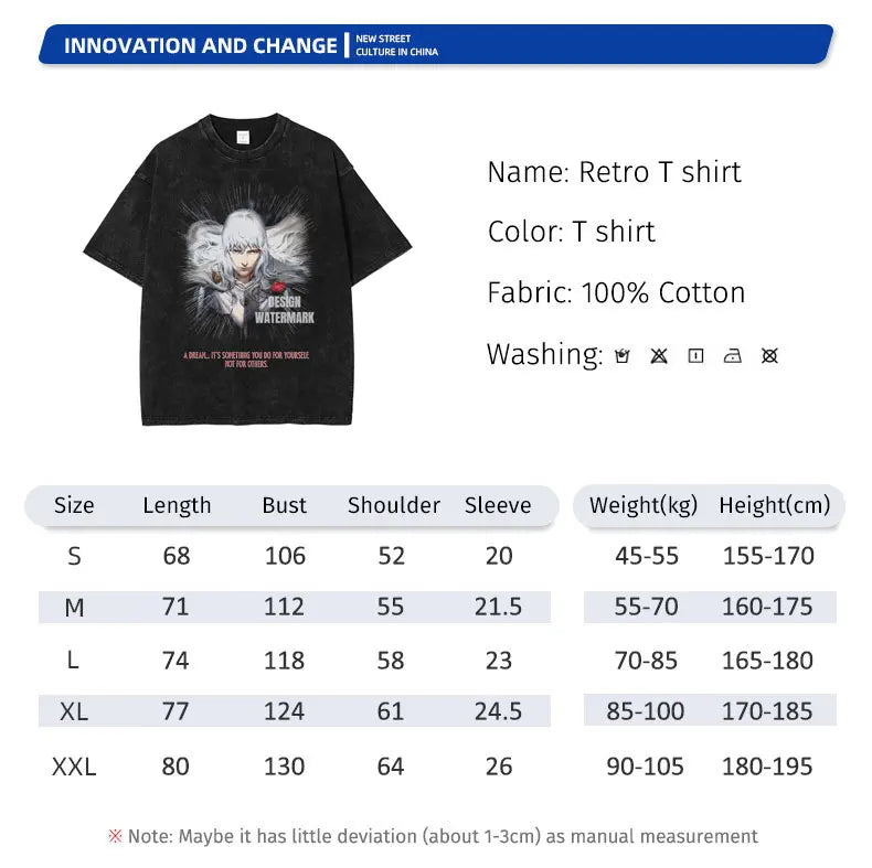 Berserk T-shirts Oversized Vintage Washed Short Sleeve Retro Manga Tops